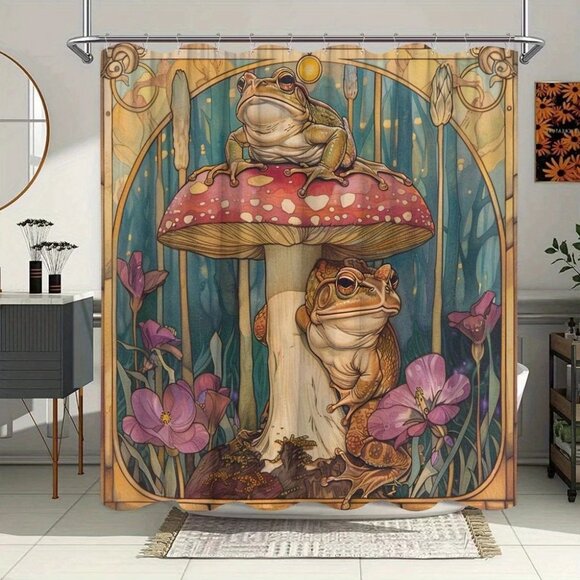 70" Shower Curtain Art Nouveau Frogs on Red Mushroom toadstool NWOT - Picture 1 of 3